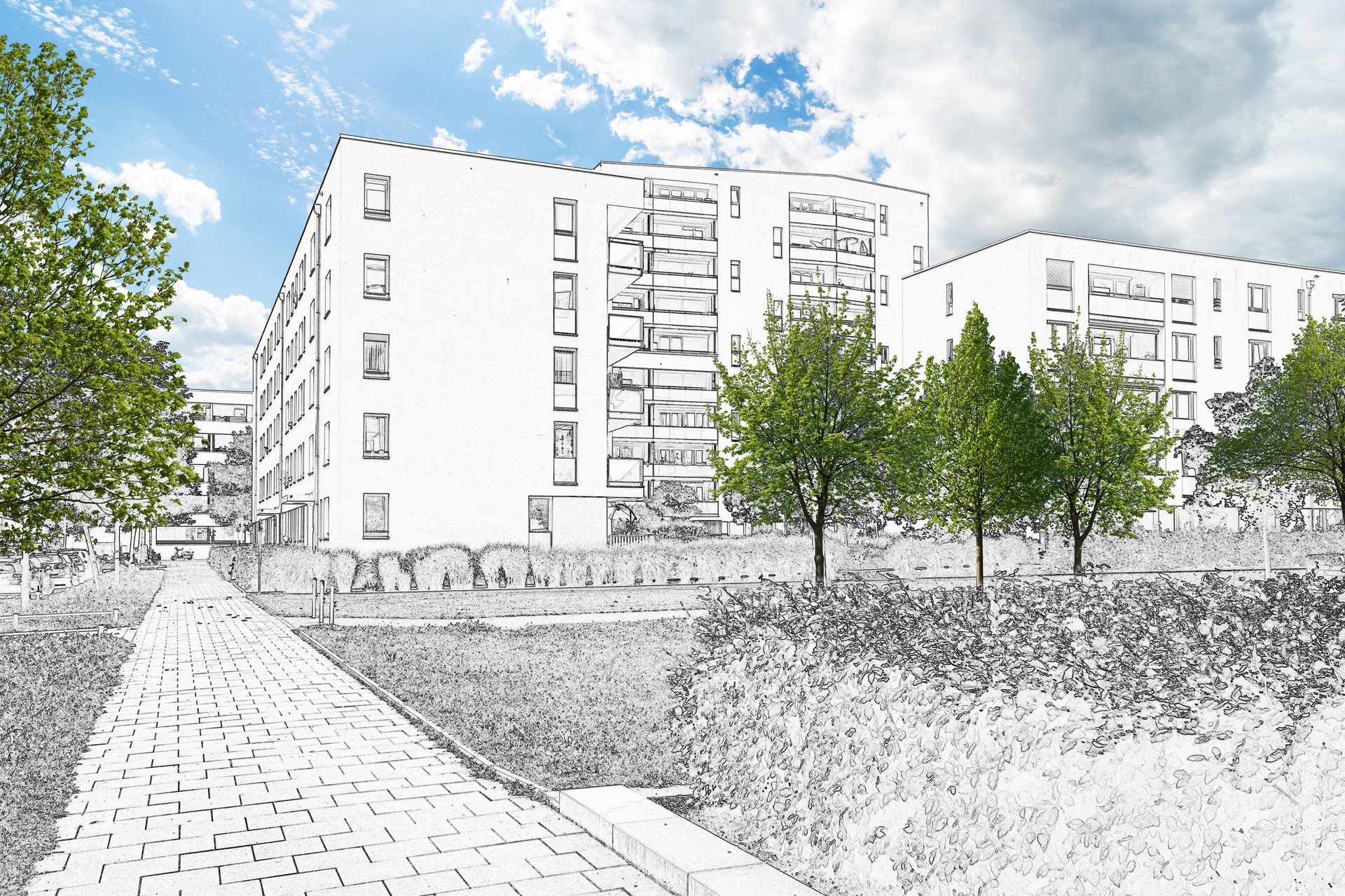 Drawing sketch of a residential area with modern apartment buildings, new green urban landscape in the city